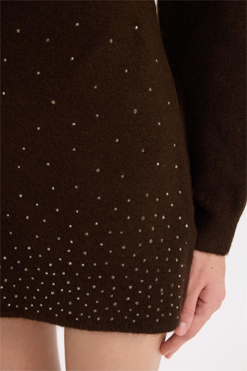 Kadın Kahve A Kesim Taş İşlemeli Mini Triko Etek