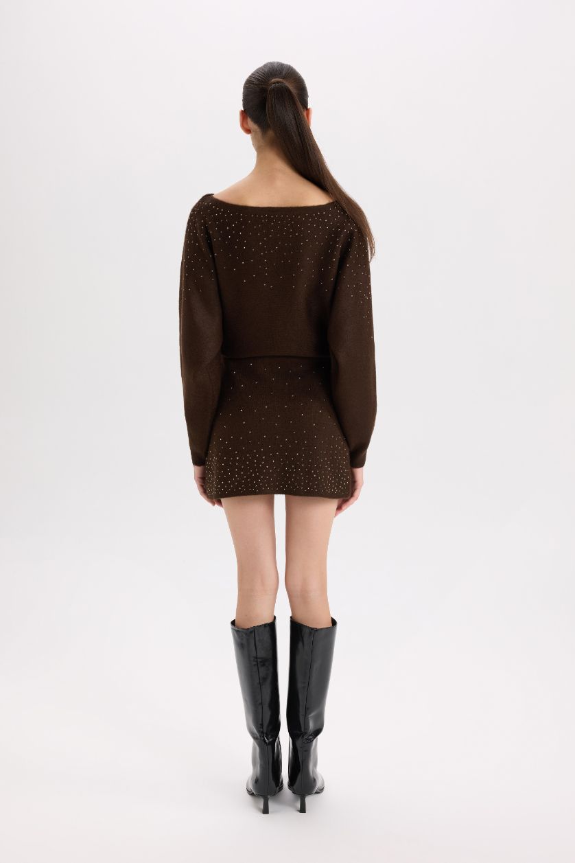 Kadın Kahve A Kesim Taş İşlemeli Mini Triko Etek