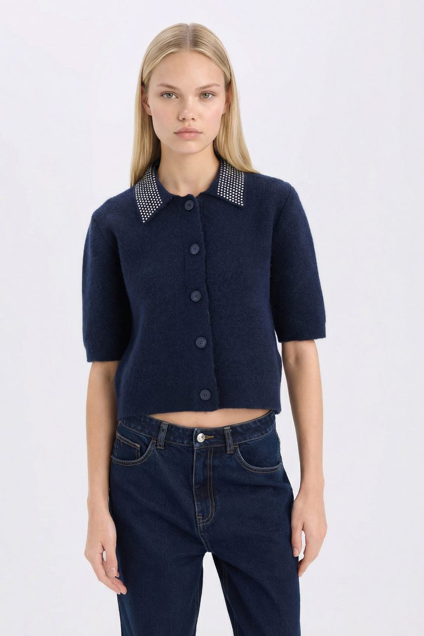 FEMME Marin Pull Cardigan basique en tricot à col polo et boutons Coupe régulière