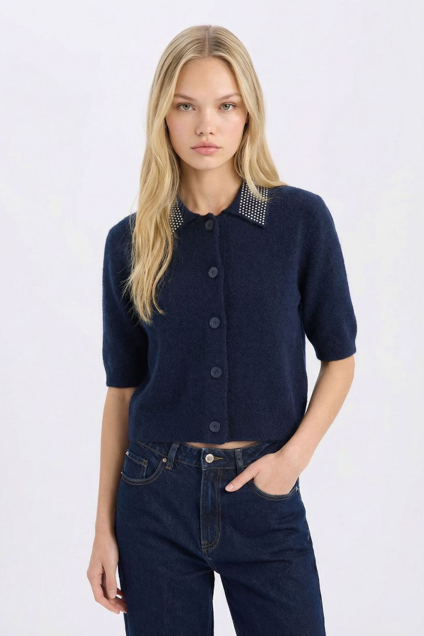 FEMME Marin Pull Cardigan basique en tricot à col polo et boutons Coupe régulière