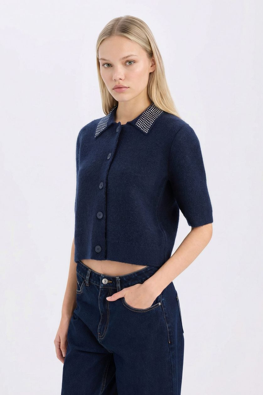 FEMME Marin Pull Cardigan basique en tricot à col polo et boutons Coupe régulière