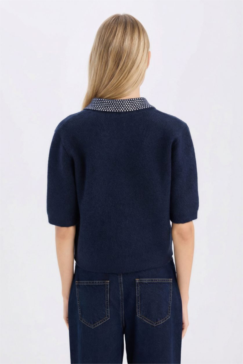 FEMME Marin Pull Cardigan basique en tricot à col polo et boutons Coupe régulière