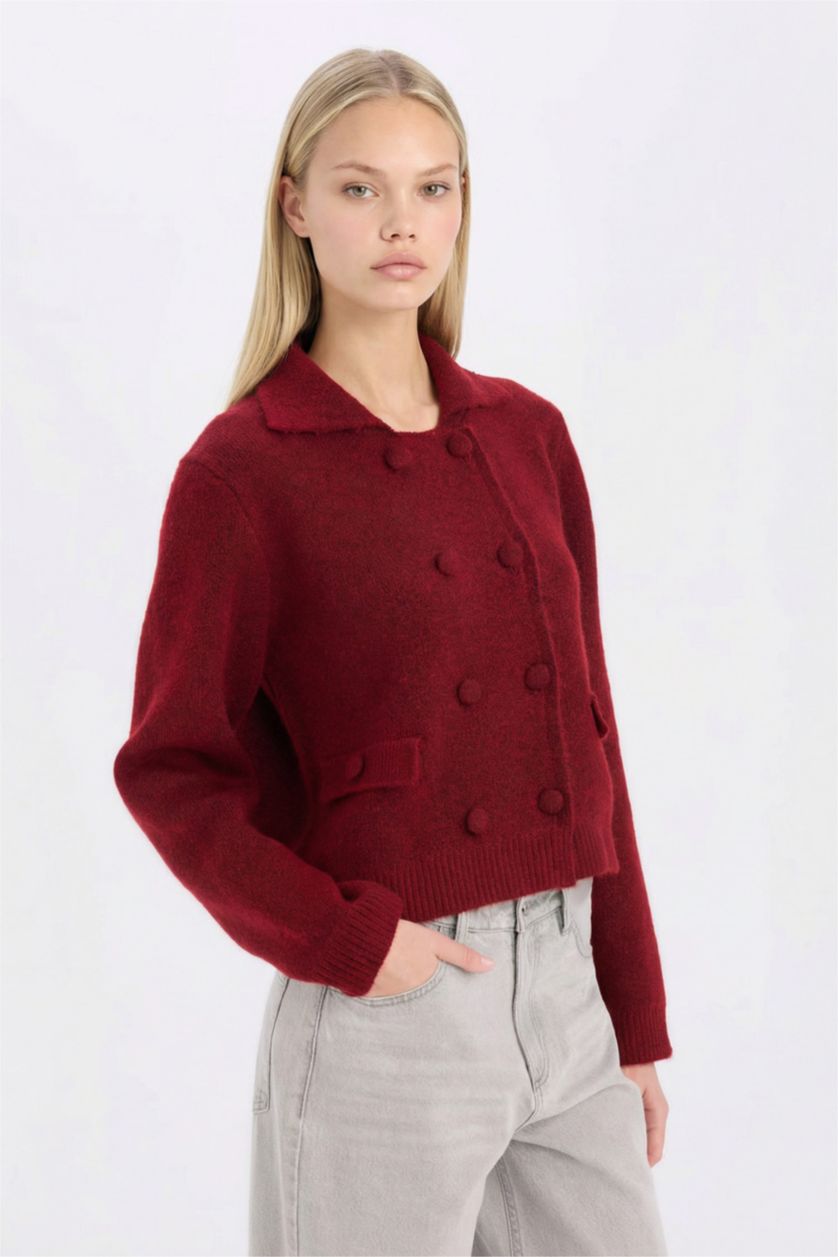 FEMME Bordeaux Pull Cardigan basique en tricot à col polo et boutons Coupe régulière