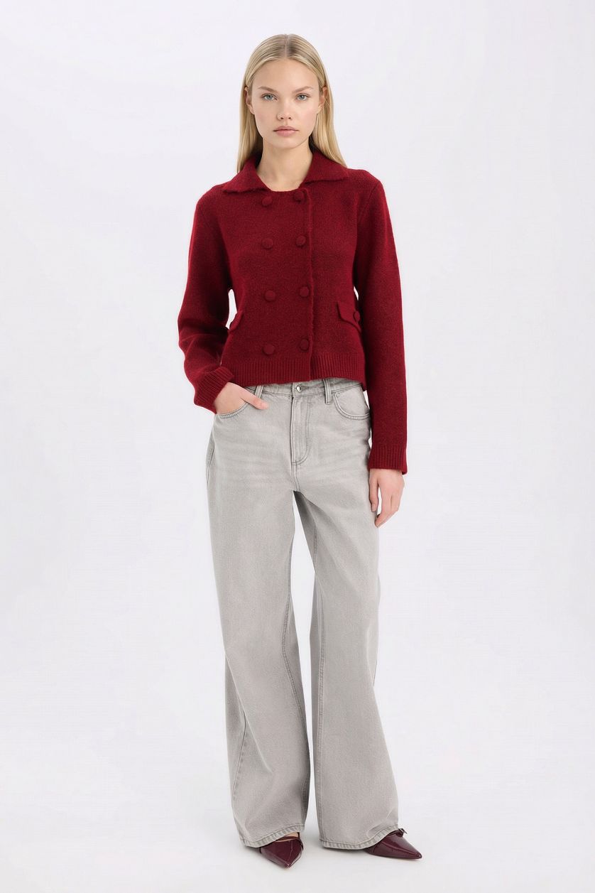 FEMME Bordeaux Pull Cardigan basique en tricot à col polo et boutons Coupe régulière