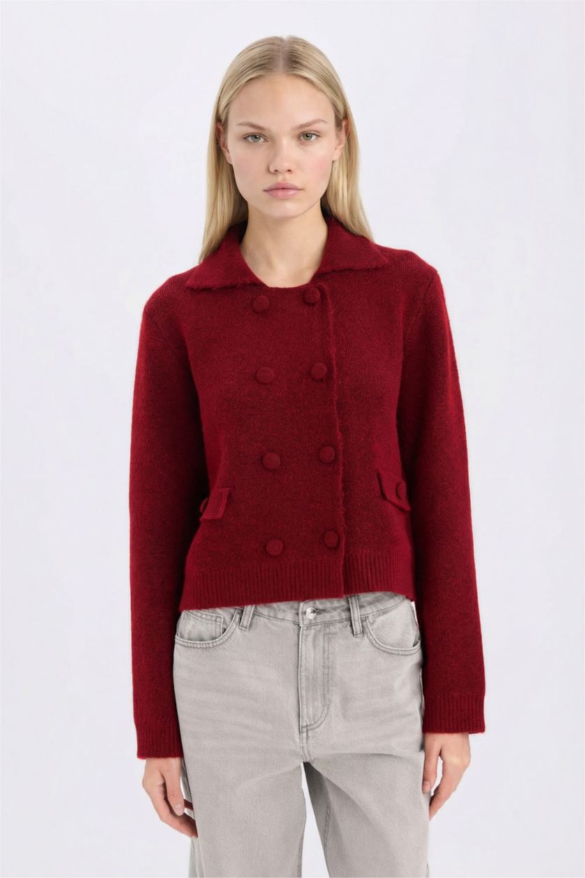 FEMME Bordeaux Pull Cardigan basique en tricot à col polo et boutons Coupe régulière