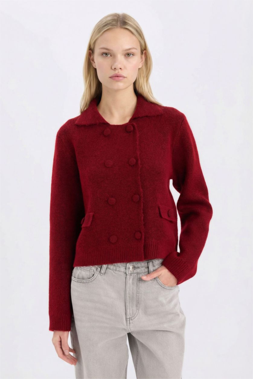 FEMME Bordeaux Pull Cardigan basique en tricot à col polo et boutons Coupe régulière