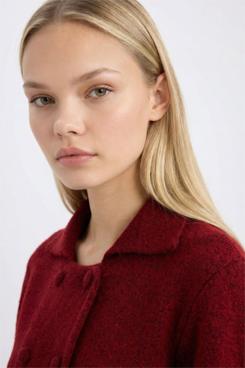 FEMME Bordeaux Pull Cardigan basique en tricot à col polo et boutons Coupe régulière