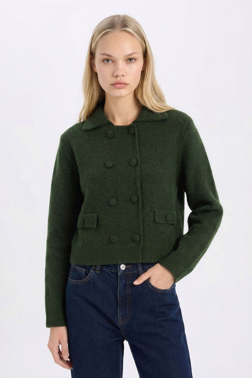 WOMAN Khaki Regular Fit Polo Neck Basic Buttoned Knitted Cardigan