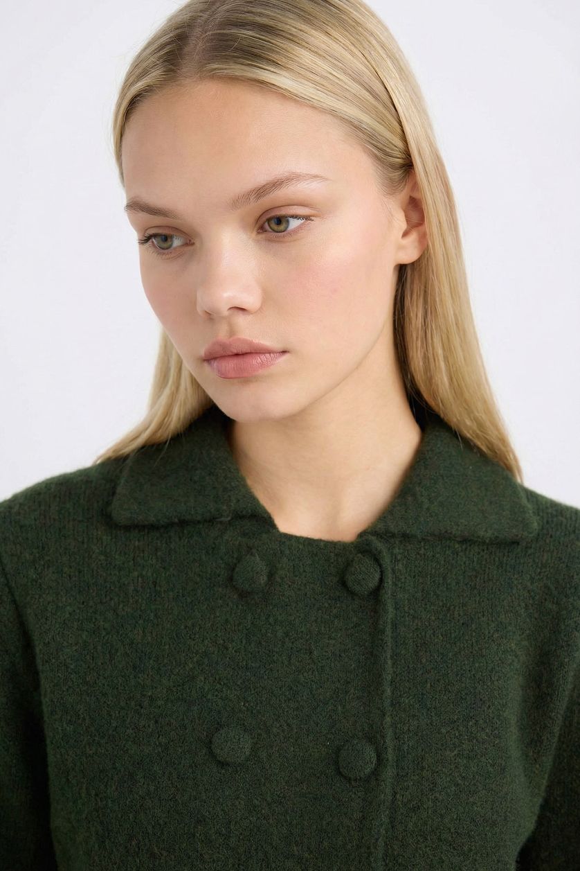 WOMAN Khaki Regular Fit Polo Neck Basic Buttoned Knitted Cardigan