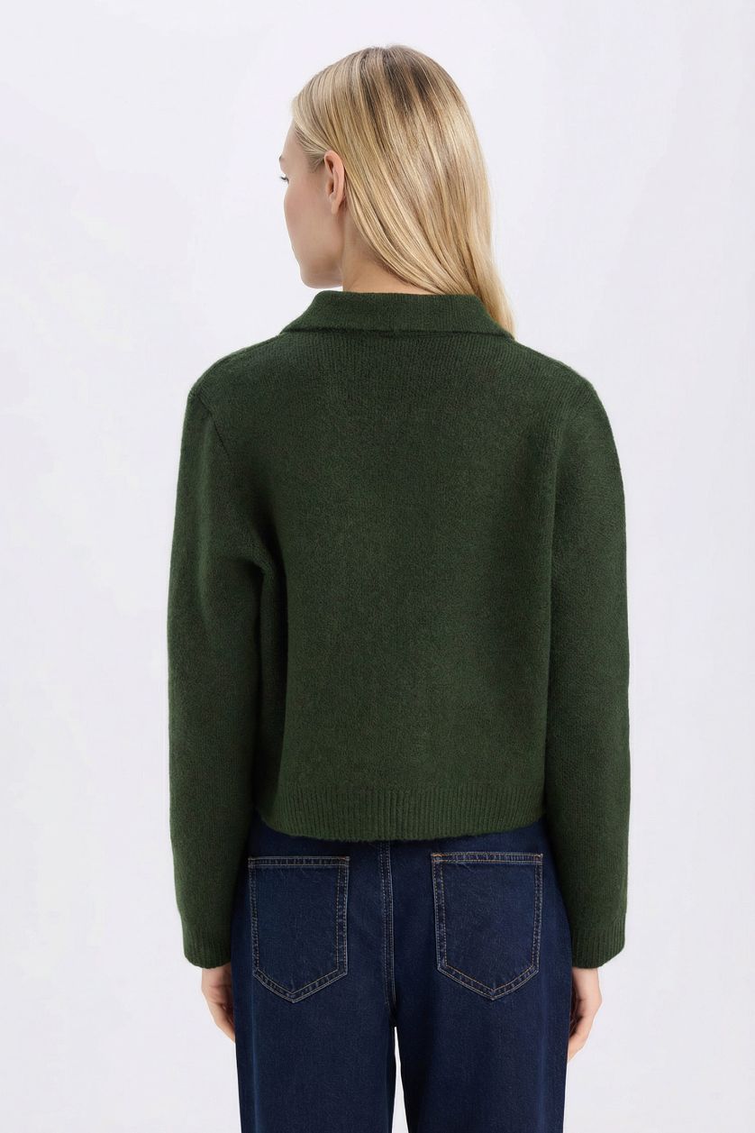 WOMAN Khaki Regular Fit Polo Neck Basic Buttoned Knitted Cardigan