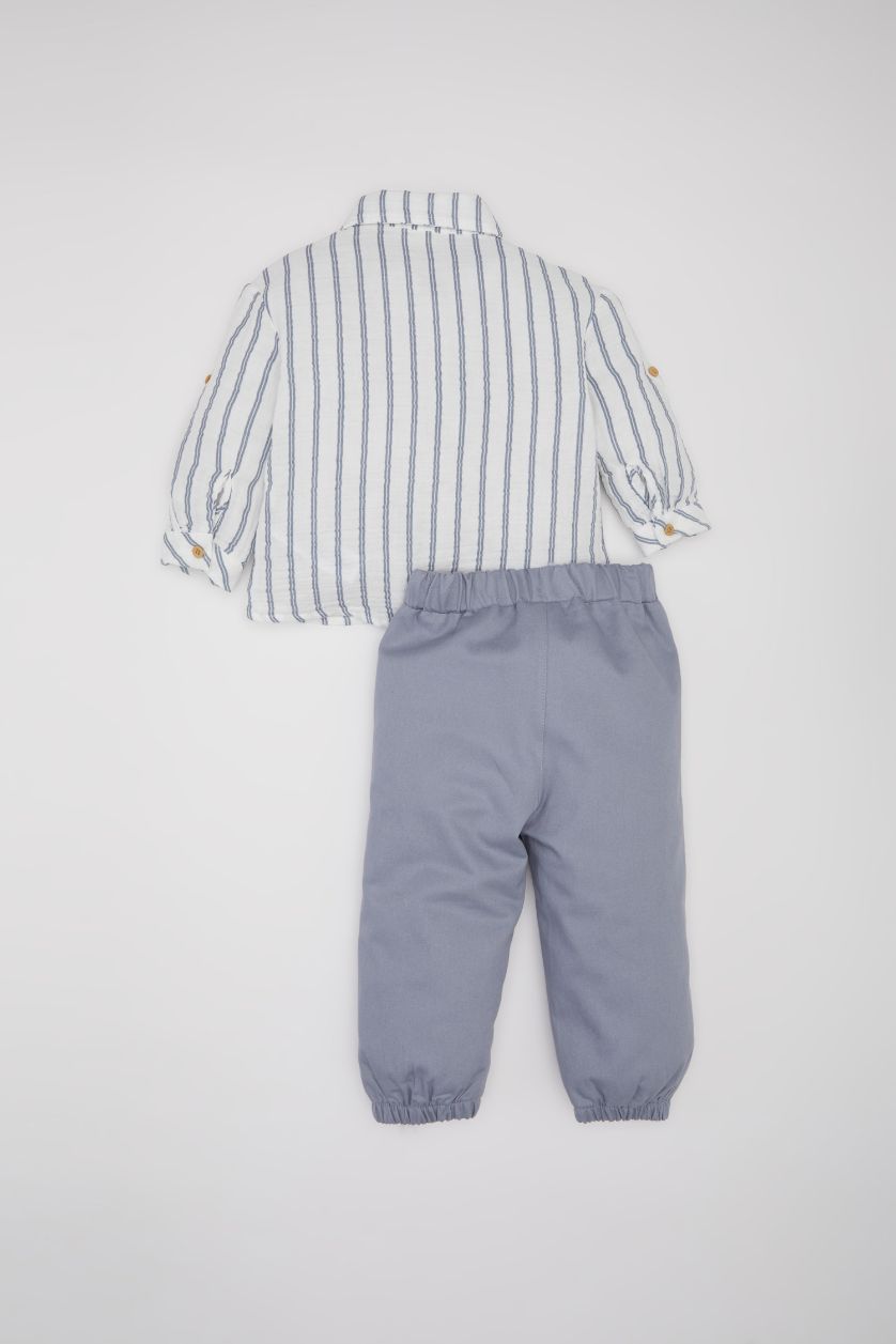 Erkek Bebek Ekru 2'li Takım Çizgili Gömlek Beli Paçası Lastikli Alt Erkek Bebek