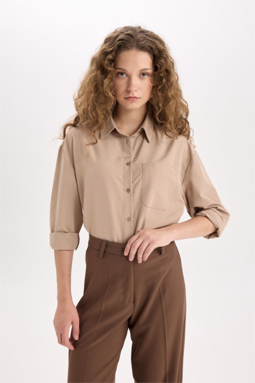 Kadın Vizon Oversize Geniş Kalıp Poplin Uzun Kollu Gömlek