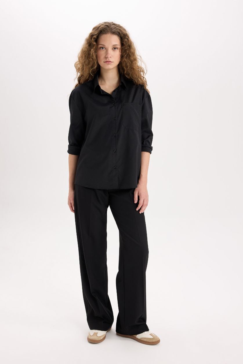 Kadın Siyah Oversize Geniş Kalıp Poplin Uzun Kollu Gömlek