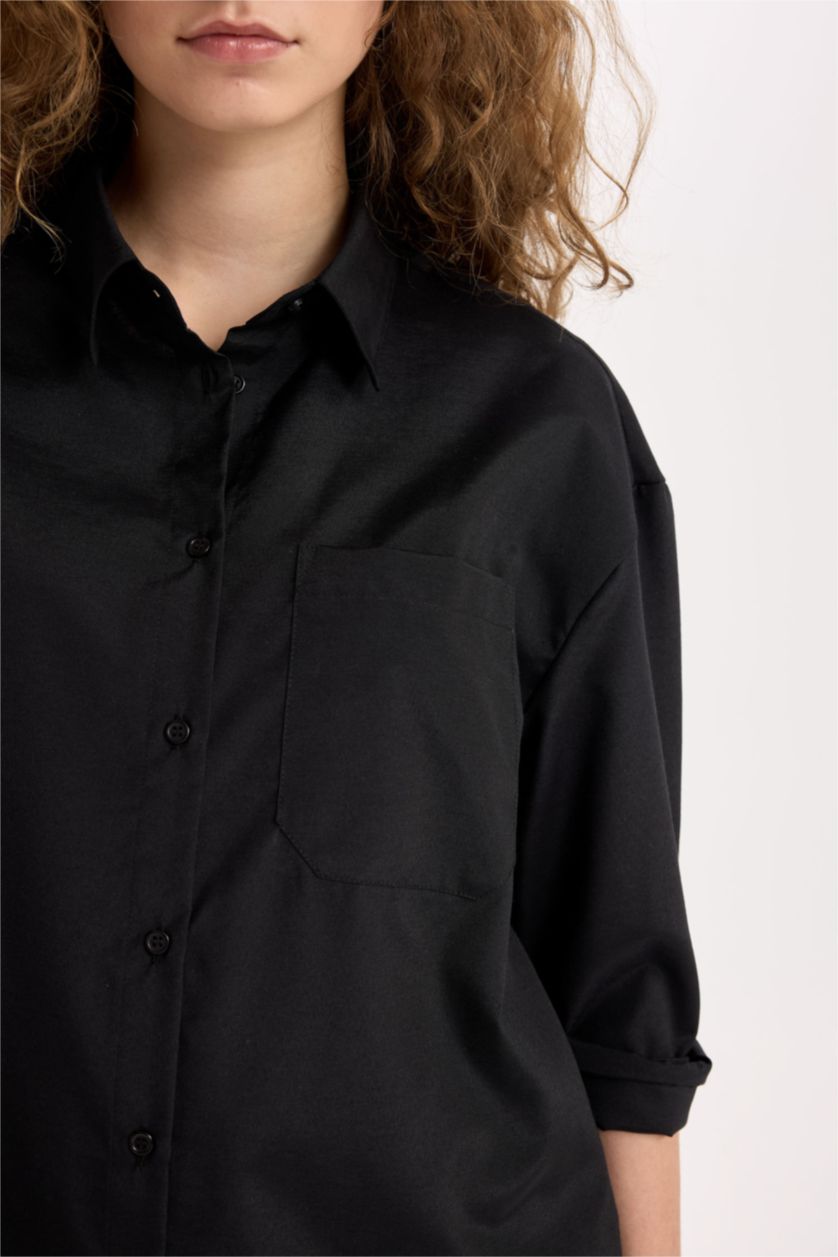 Kadın Siyah Oversize Geniş Kalıp Poplin Uzun Kollu Gömlek