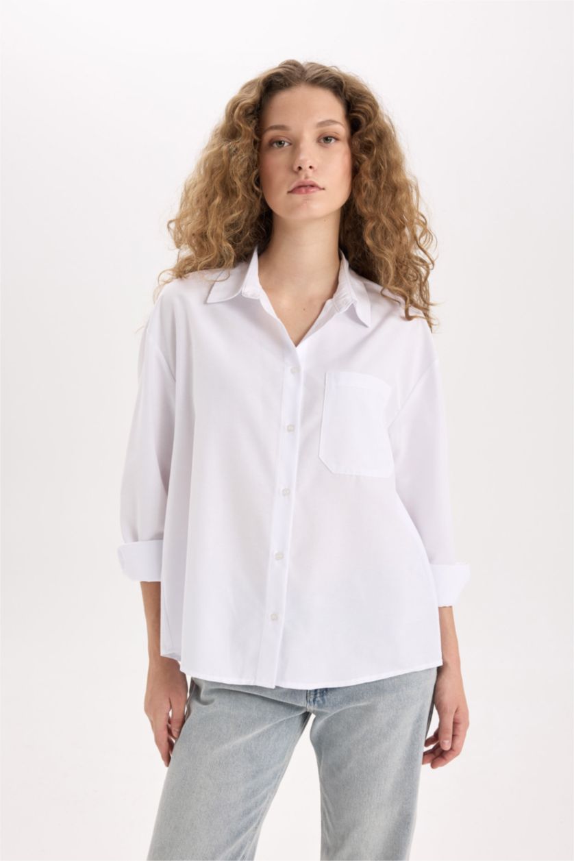 Kadın Violet Beyaz Oversize Geniş Kalıp Poplin Uzun Kollu Gömlek