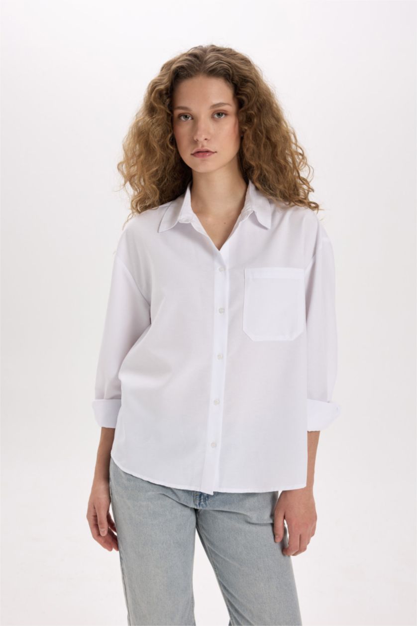 Kadın Violet Beyaz Oversize Geniş Kalıp Poplin Uzun Kollu Gömlek