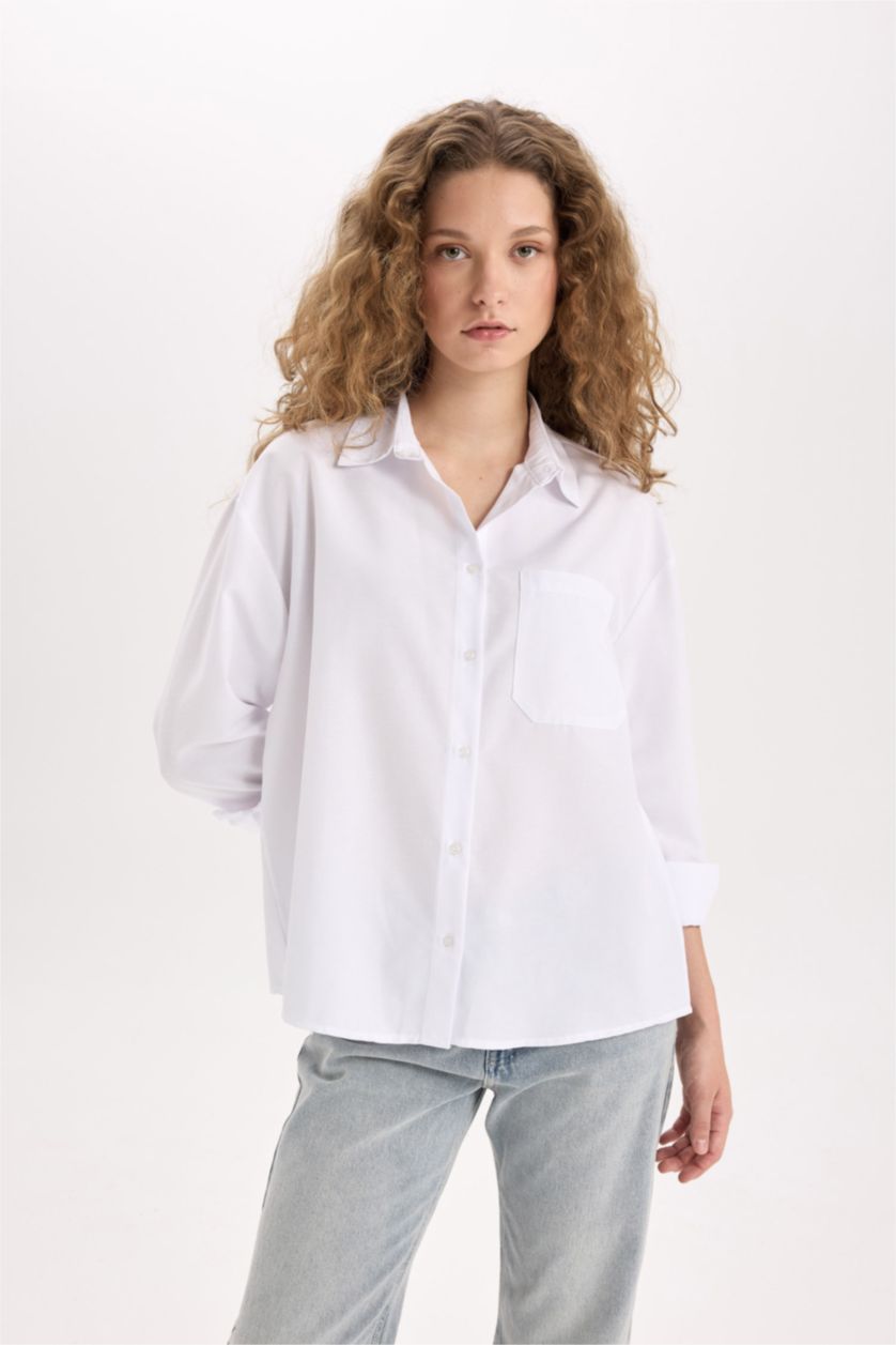 Kadın Violet Beyaz Oversize Geniş Kalıp Poplin Uzun Kollu Gömlek