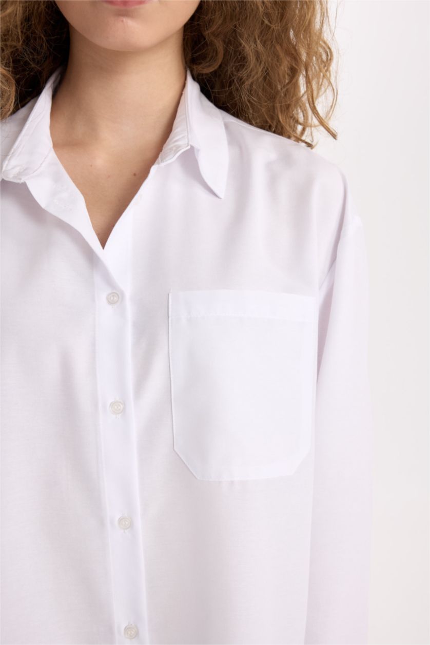 Kadın Violet Beyaz Oversize Geniş Kalıp Poplin Uzun Kollu Gömlek