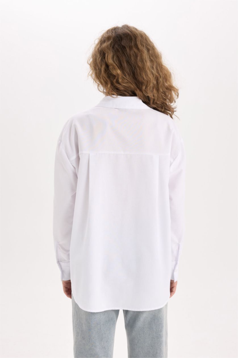 Kadın Violet Beyaz Oversize Geniş Kalıp Poplin Uzun Kollu Gömlek