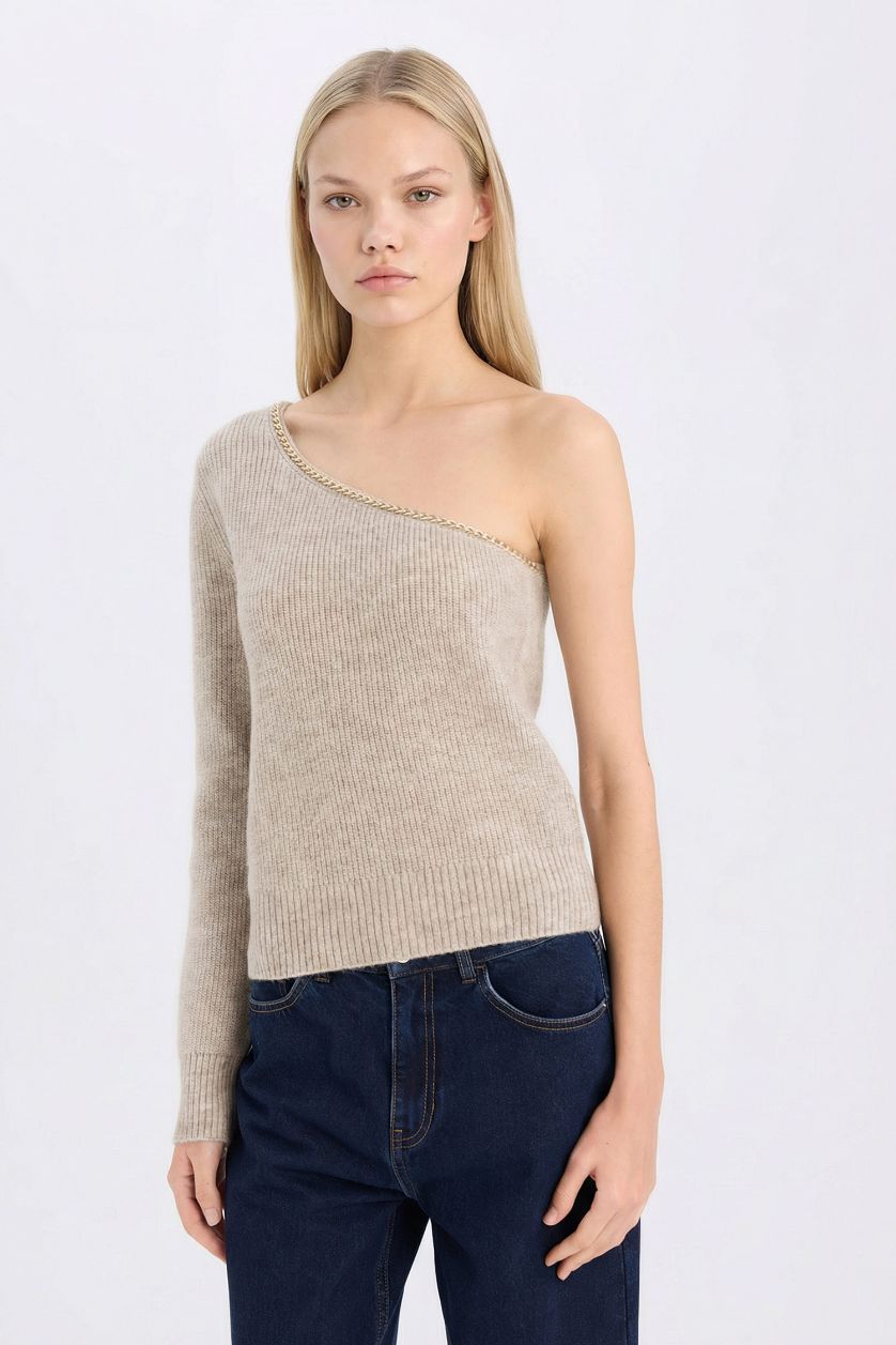 Kadın Açık Bej Regular Fit Tek Omuzlu Basic Düz Triko Kazak