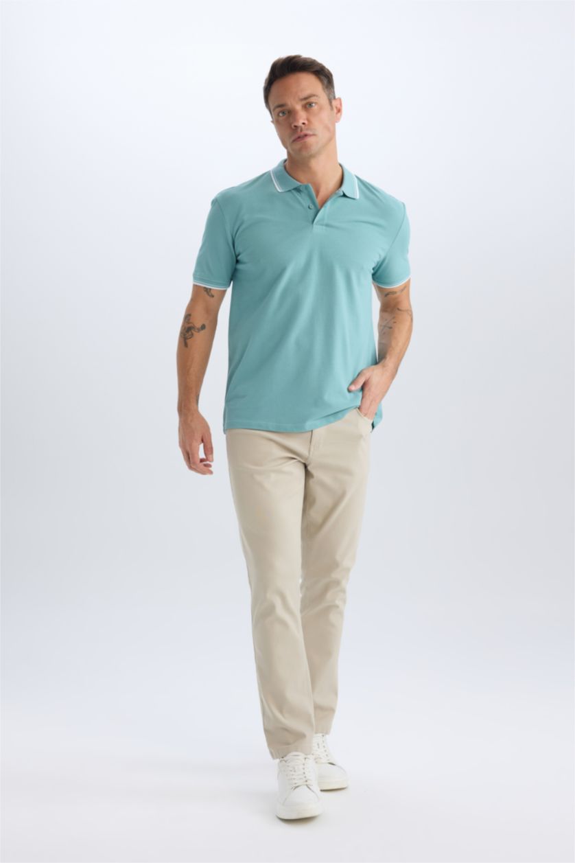 Erkek Yeşil %100 Pamuk Regular Fit Polo Yaka Basic Düz Kısa Kollu Tişört