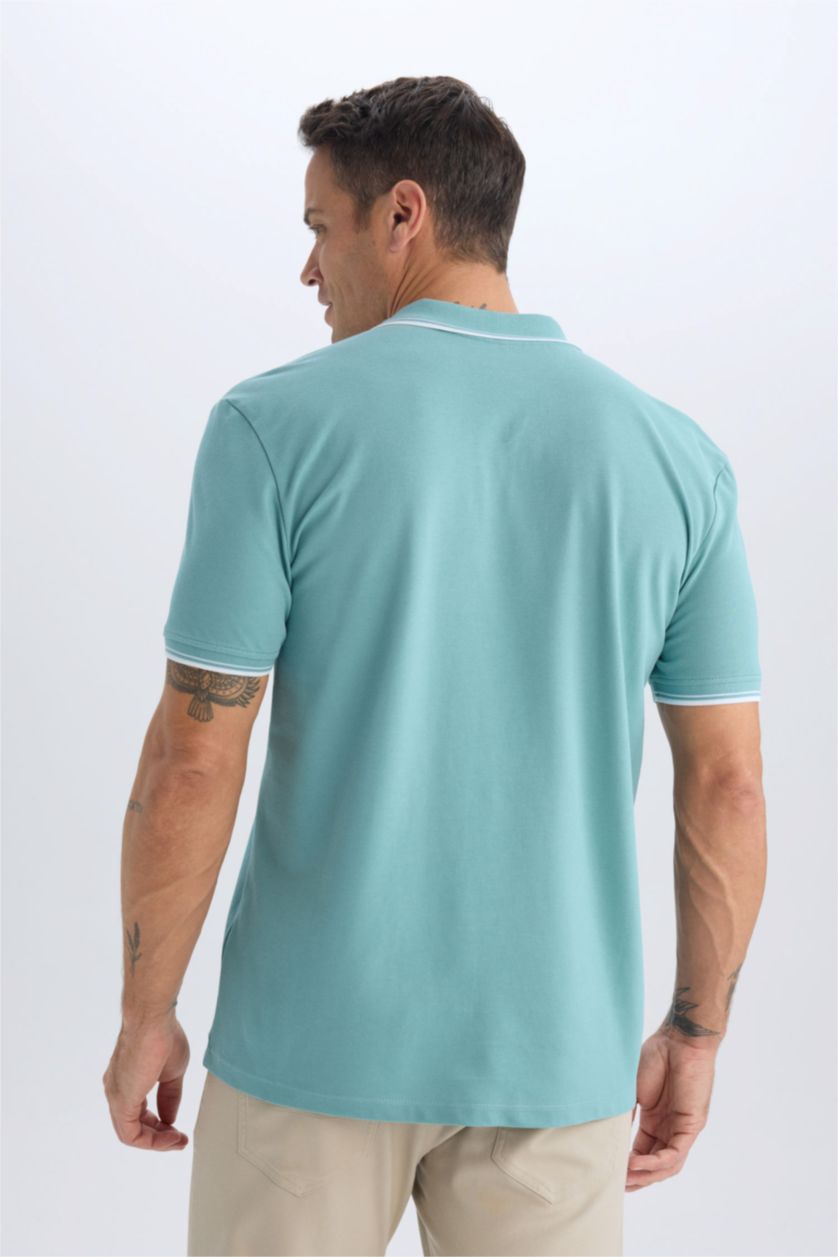 Erkek Yeşil %100 Pamuk Regular Fit Polo Yaka Basic Düz Kısa Kollu Tişört