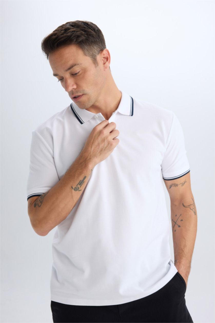 Erkek Beyaz %100 Pamuk Regular Fit Basic Düz Kısa Kollu Polo Tişört
