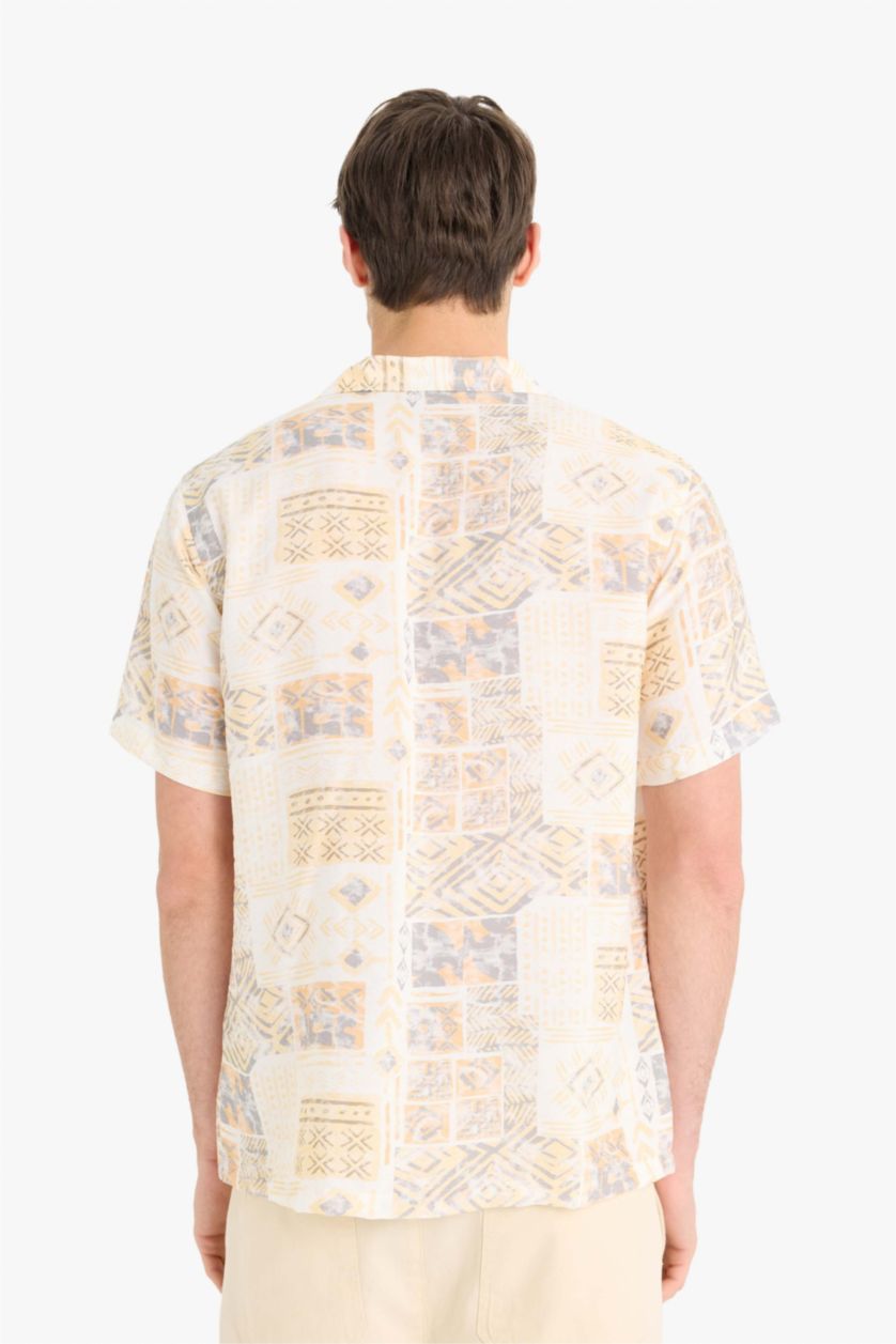 Erkek Taş Regular Fit Apaş Yaka Desenli Kısa Kollu Gömlek