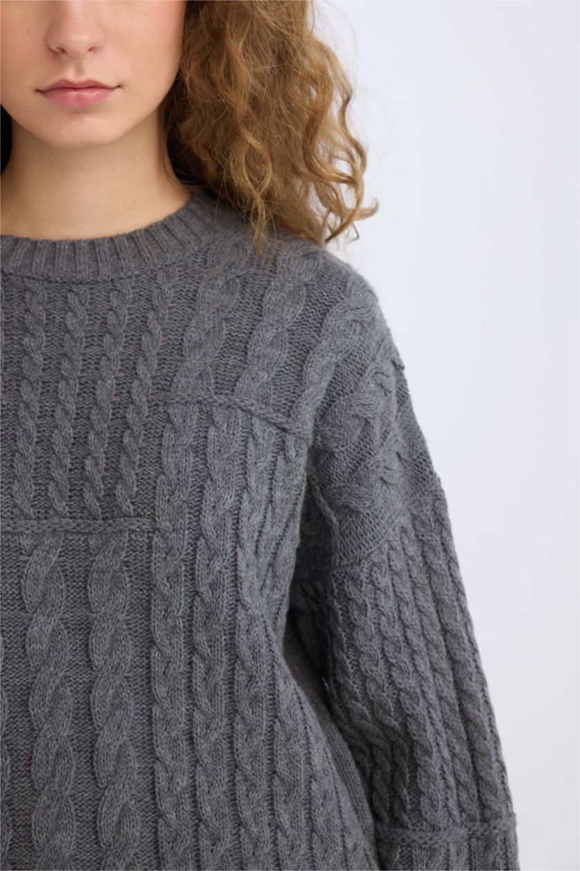 Kadın Antrasit Oversize Geniş Kalıp Bisiklet Yaka Triko Kazak