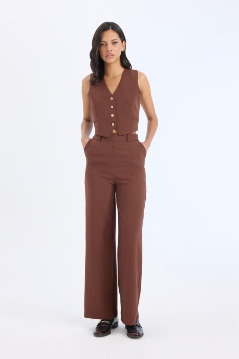 WOMAN Brown High Waist Straight Wide Leg Pants