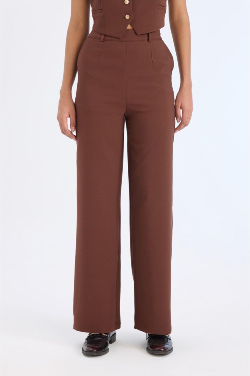WOMAN Brown High Waist Straight Wide Leg Pants