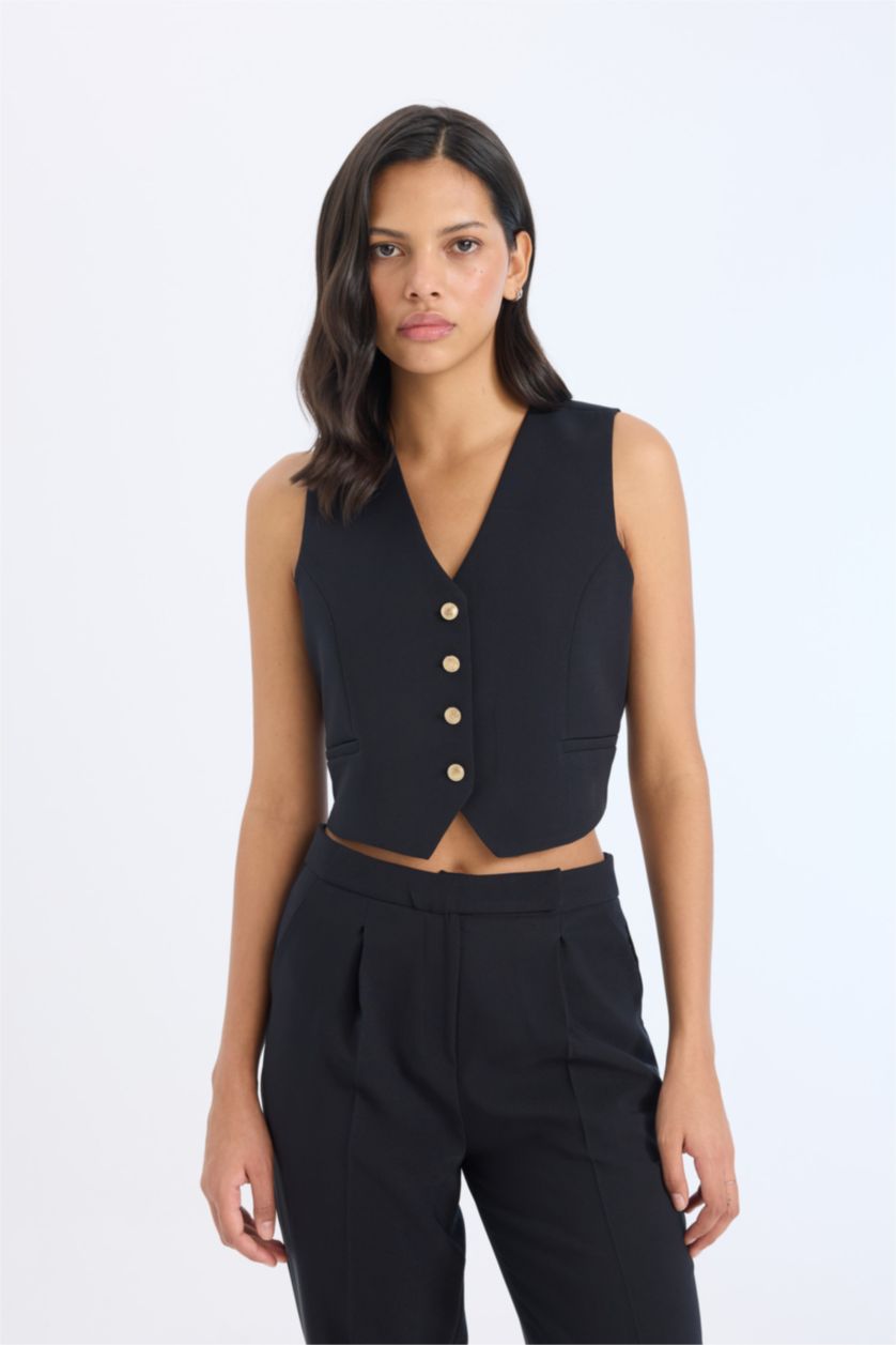 Kadın Siyah 2'li Takım Blazer Yelek Tapered Fit Yüksek Bel Kumaş Pantolon