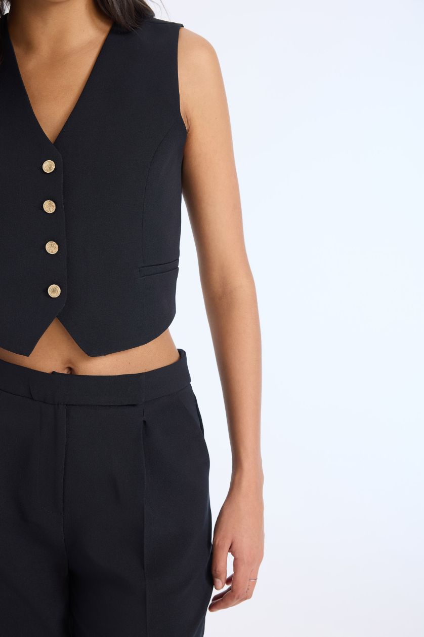 Kadın Siyah 2'li Takım Blazer Yelek Tapered Fit Yüksek Bel Kumaş Pantolon