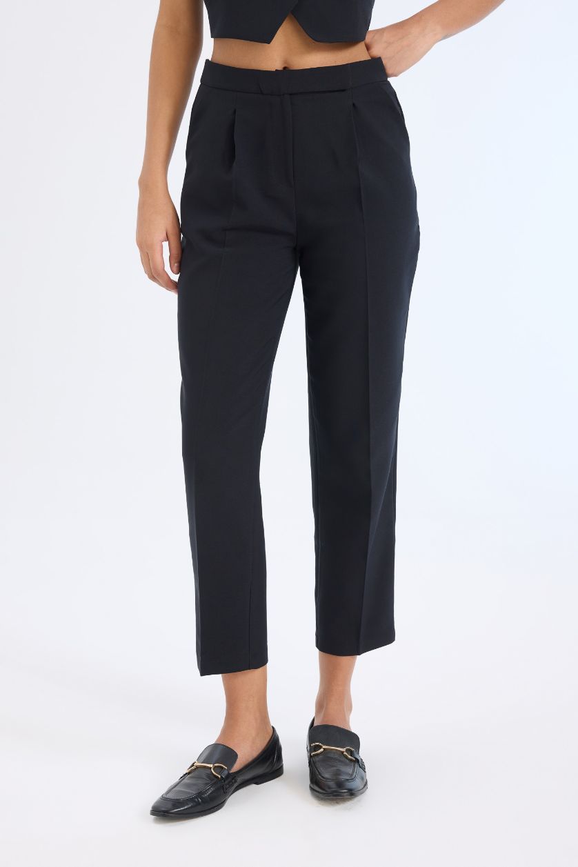 Kadın Siyah 2'li Takım Blazer Yelek Tapered Fit Yüksek Bel Kumaş Pantolon