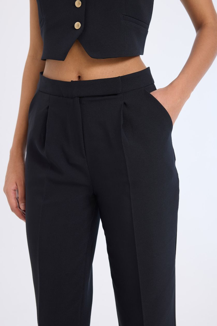 Kadın Siyah 2'li Takım Blazer Yelek Tapered Fit Yüksek Bel Kumaş Pantolon