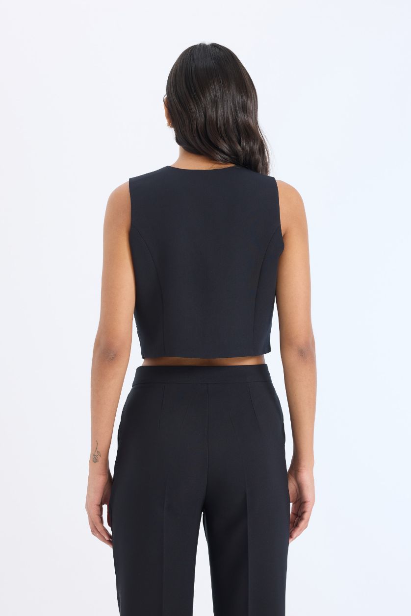 Kadın Siyah 2'li Takım Blazer Yelek Tapered Fit Yüksek Bel Kumaş Pantolon