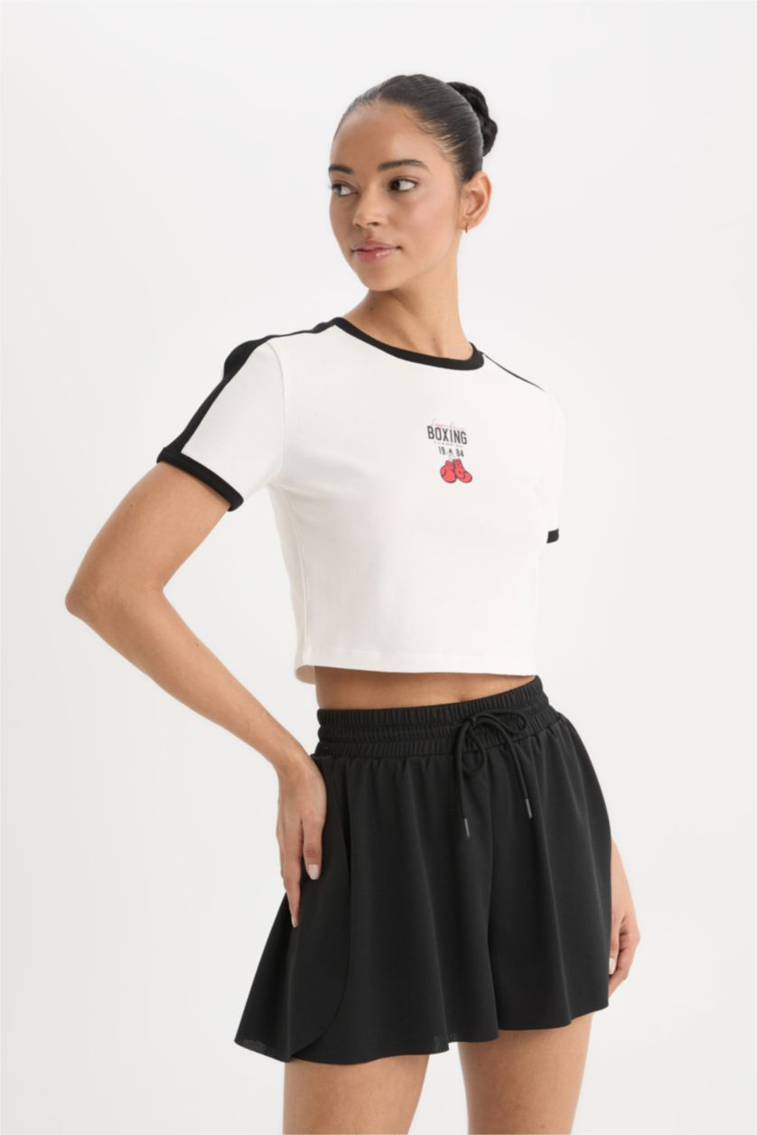 Woman Ecru DeFactoFit Slim Fit Crew Neck Printed Sports T-Shirt