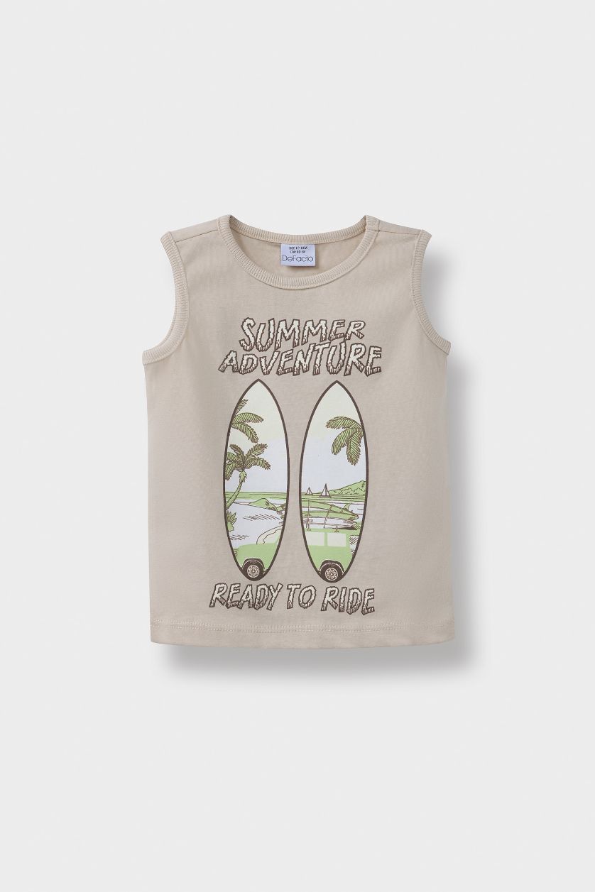 Baby Boy Beige Baby Boy Crew Neck Palm Patterned Tank Top