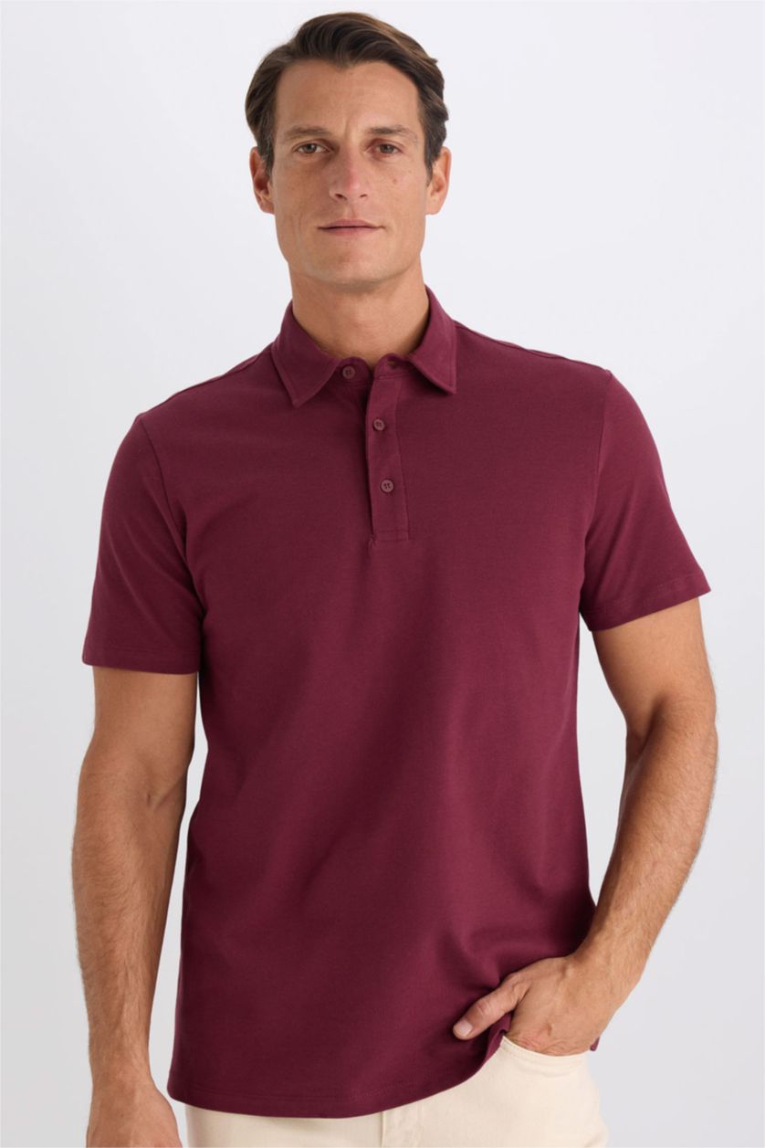 Erkek Bordo %100 Pamuk Regular Fit Polo Yaka Kısa Kollu Basic Düz Tişört