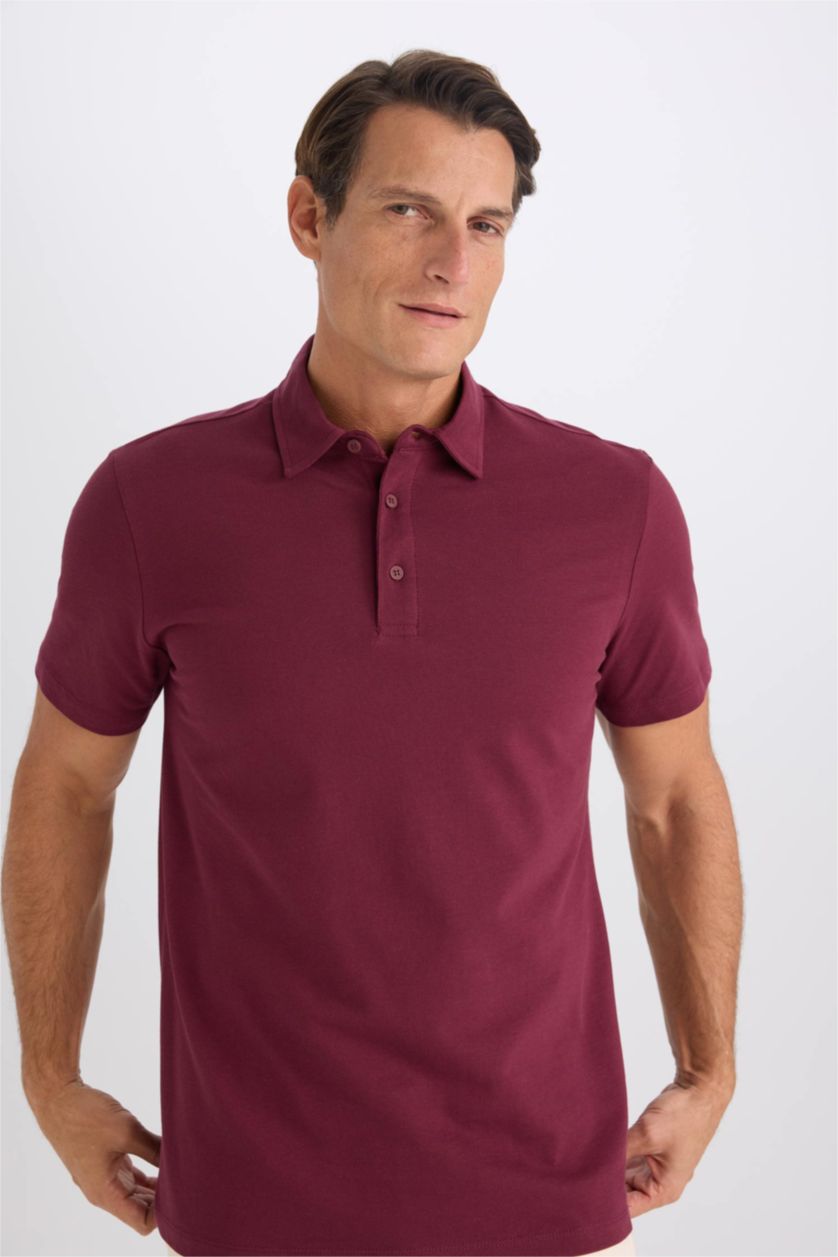 Erkek Bordo %100 Pamuk Regular Fit Polo Yaka Kısa Kollu Basic Düz Tişört