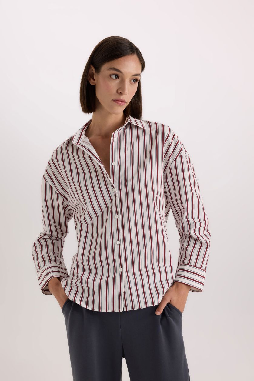 Kadın Ekru Regular Fit Pijama Yaka Çizgili Poplin Üst