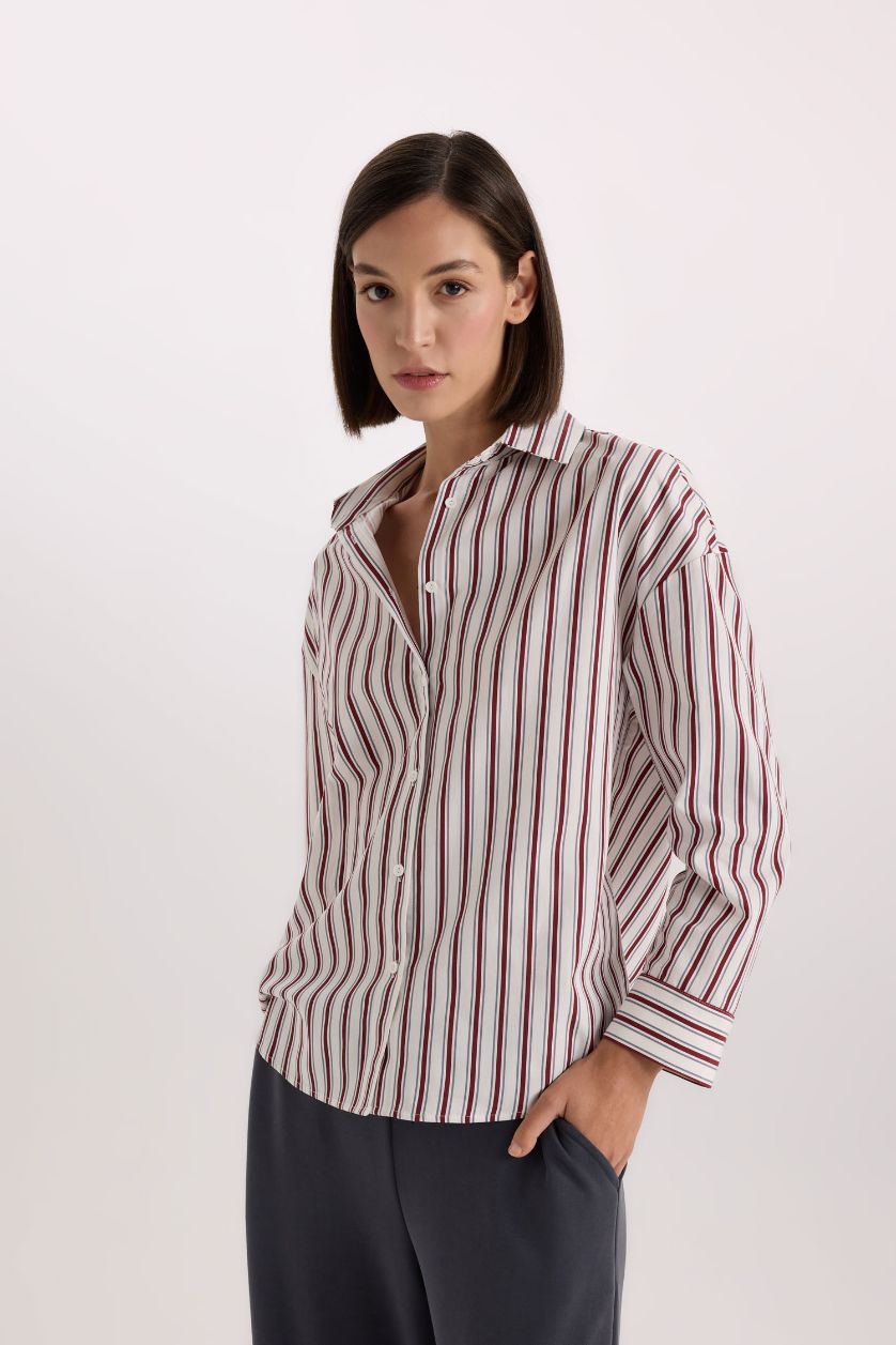 Kadın Ekru Regular Fit Pijama Yaka Çizgili Poplin Üst