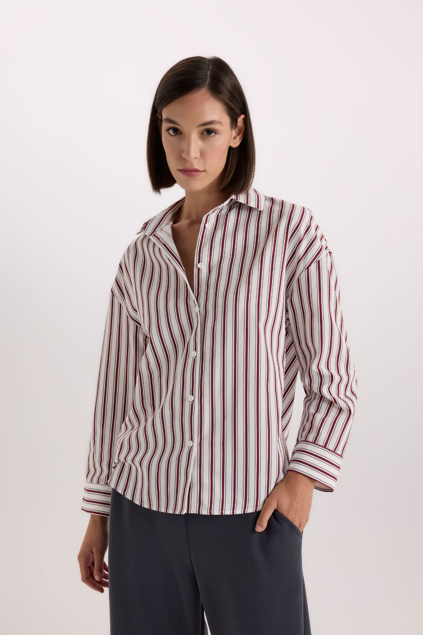 Kadın Ekru Regular Fit Pijama Yaka Çizgili Poplin Üst