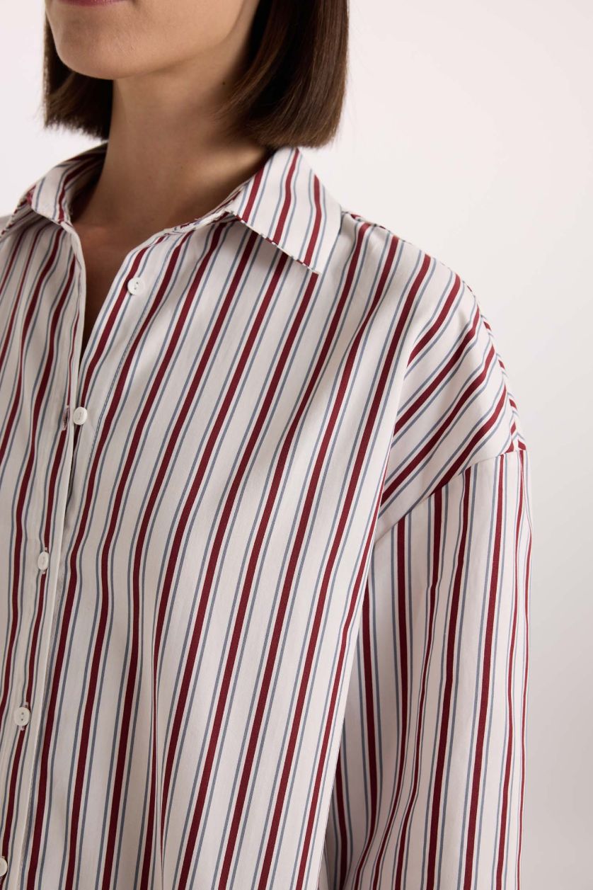 Kadın Ekru Regular Fit Pijama Yaka Çizgili Poplin Üst