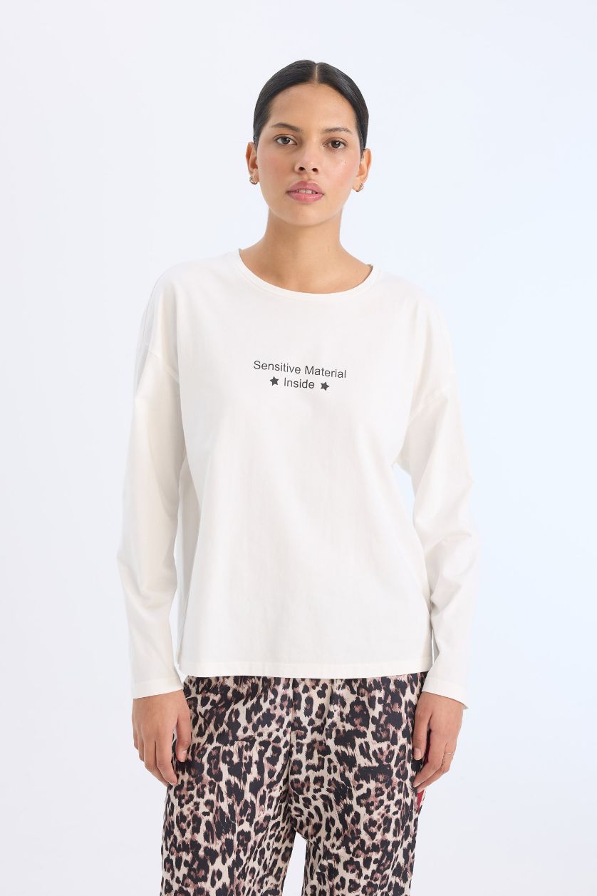 Kadın Siyah Pijama Takımı Regular Fit Uzun Kollu Baskılı Üst Leopar Desenli Uzun Alt