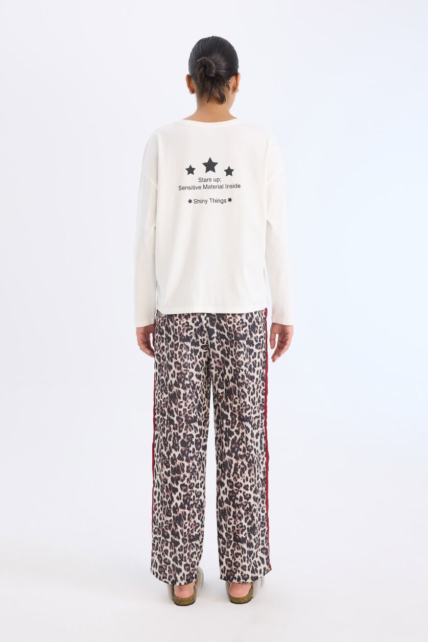 Kadın Siyah Pijama Takımı Regular Fit Uzun Kollu Baskılı Üst Leopar Desenli Uzun Alt