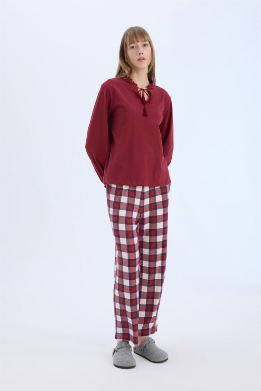Kadın Bordo Pijama Takımı Regular Fit Uzun Kollu Üst Kareli Uzun Alt