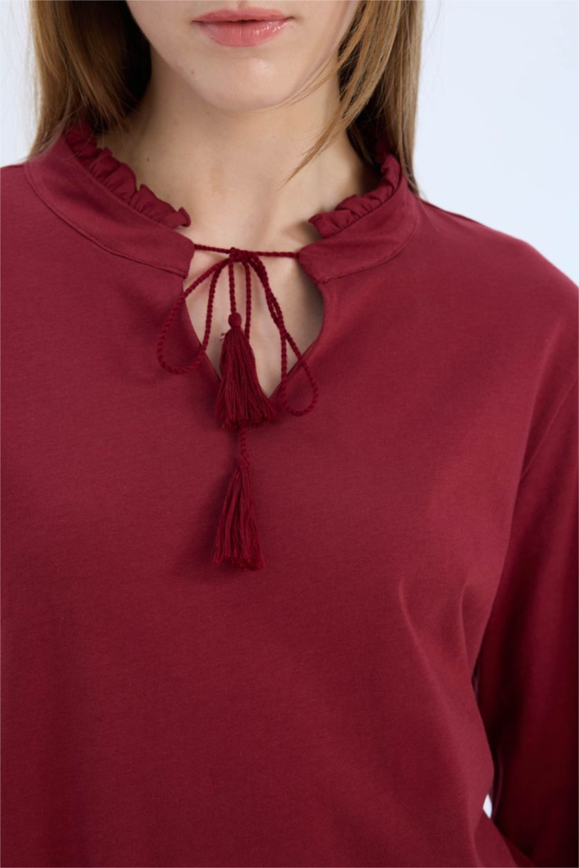 Kadın Bordo Pijama Takımı Regular Fit Uzun Kollu Üst Kareli Uzun Alt