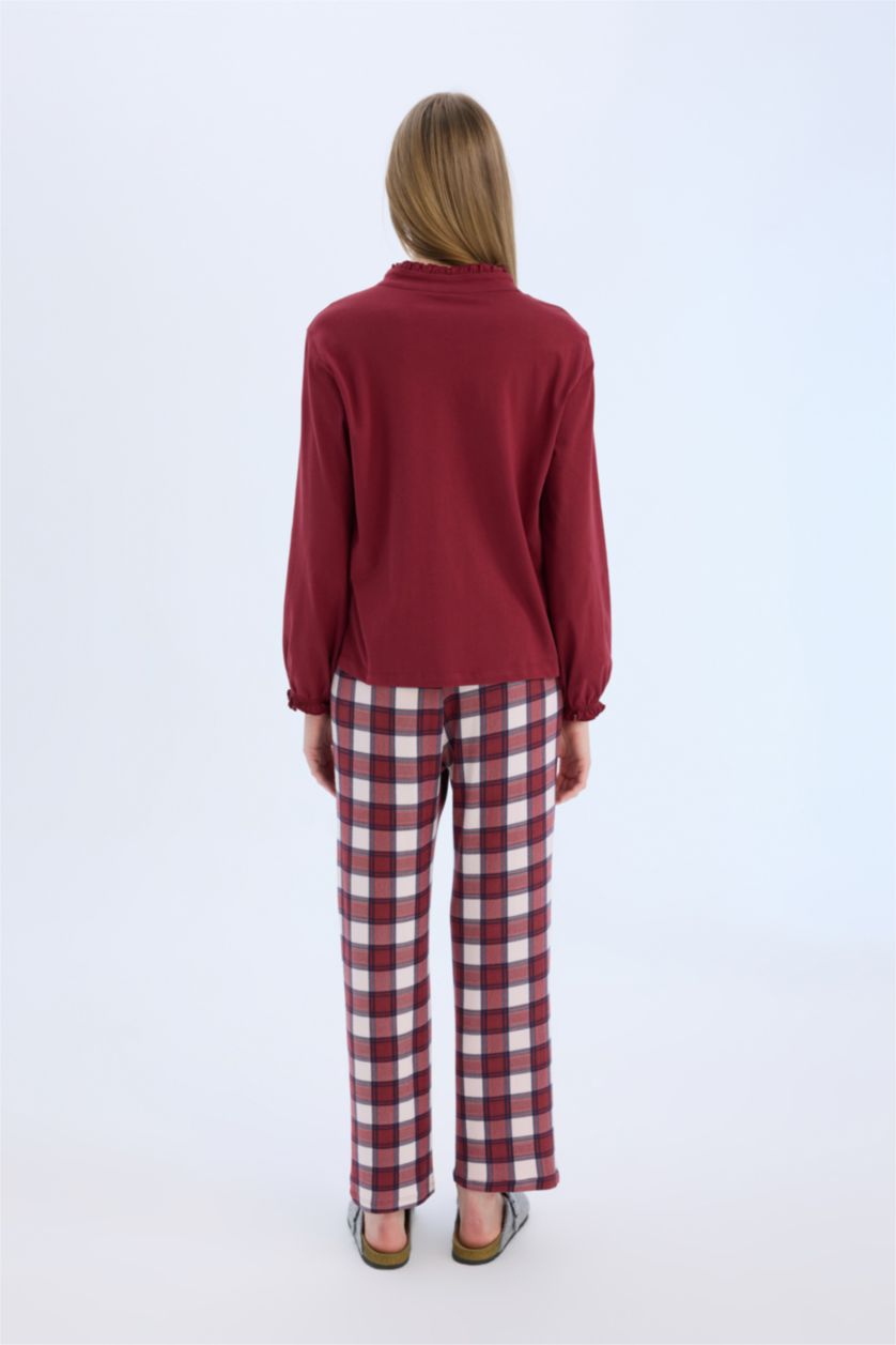 Kadın Bordo Pijama Takımı Regular Fit Uzun Kollu Üst Kareli Uzun Alt