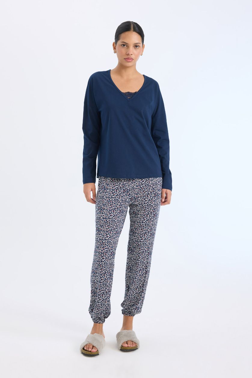 WOMAN NAVY Fall in Love Long Sleeve Top Bottom 2 Piece Pajama Set